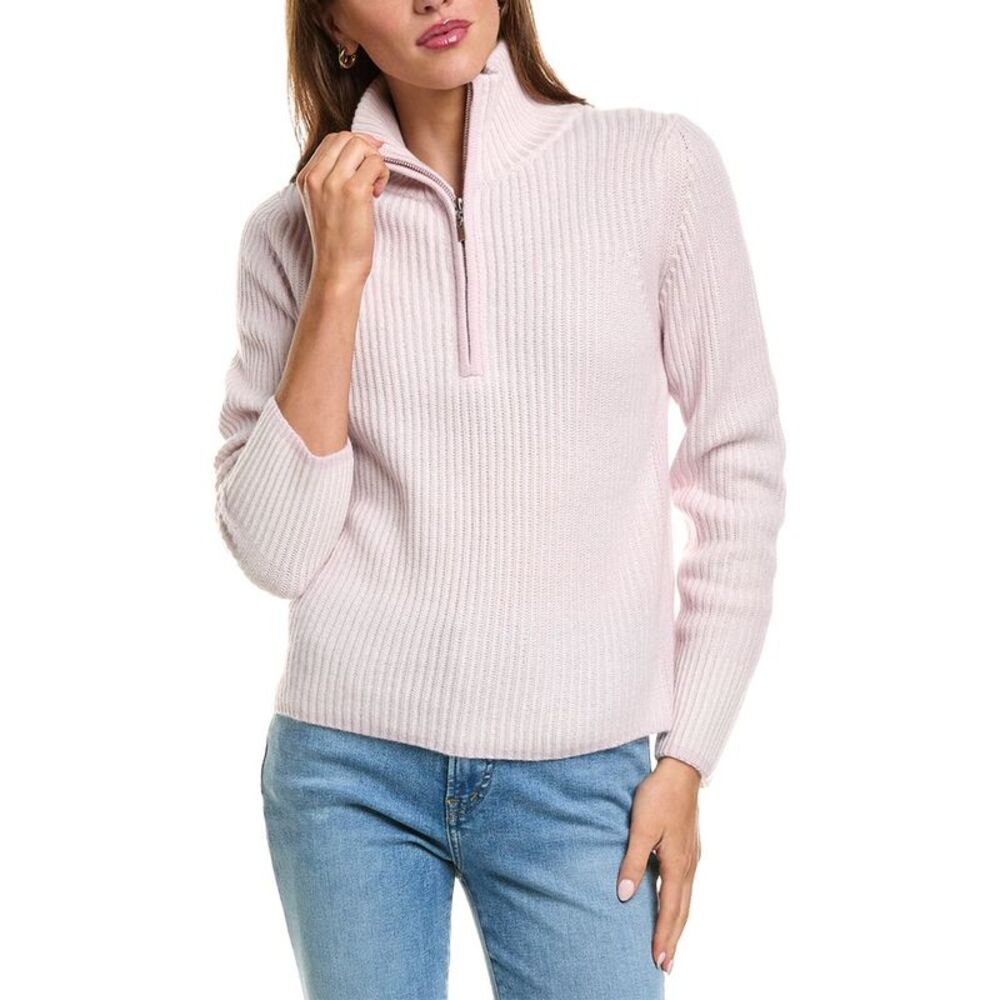 Forte Cashmere Womens Plaited Rib Zip Mock 100% Cashmere Sweater, Pink